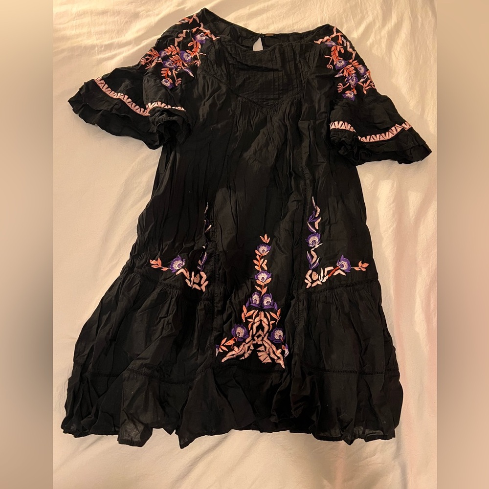 Free People Black Dress with Purple and Pink Embroidery